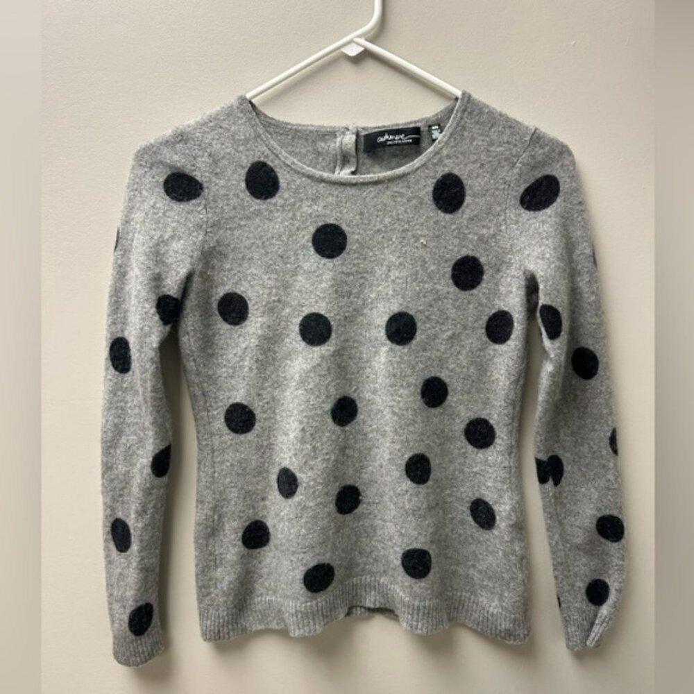 Saks Fifth Avenue Cashmere Grey & Black Polka Dot Sweater‎